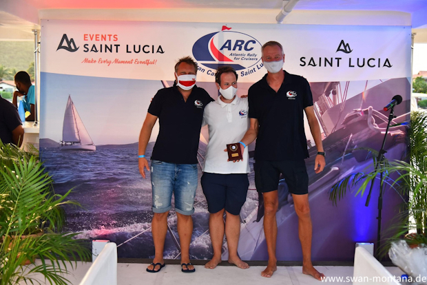 Crew of SV Montana, Swan 48 at the award ceremony in St. Lucia at the ARC 2020